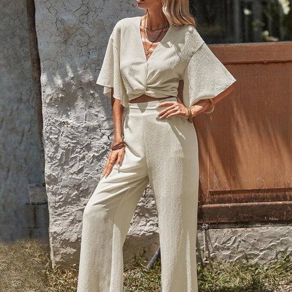 Apricot Boho Womens Twist Front Drop Shoulder Crop Top & Wide Leg Pants - Picture 5 of 5